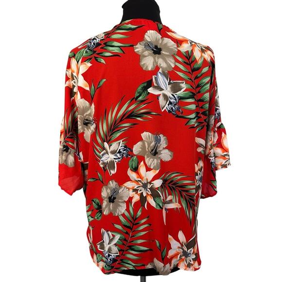 Hyped Unicorn Red Tropical Hawaiian Print Knotted Front Shrug Top, Size L - Picture 3 of 7